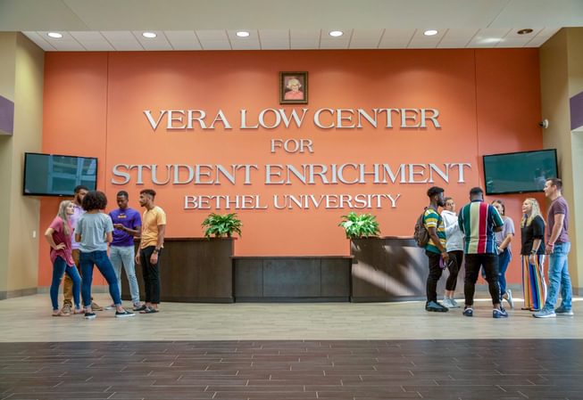 students gathered in the lobby of Vera Low Center