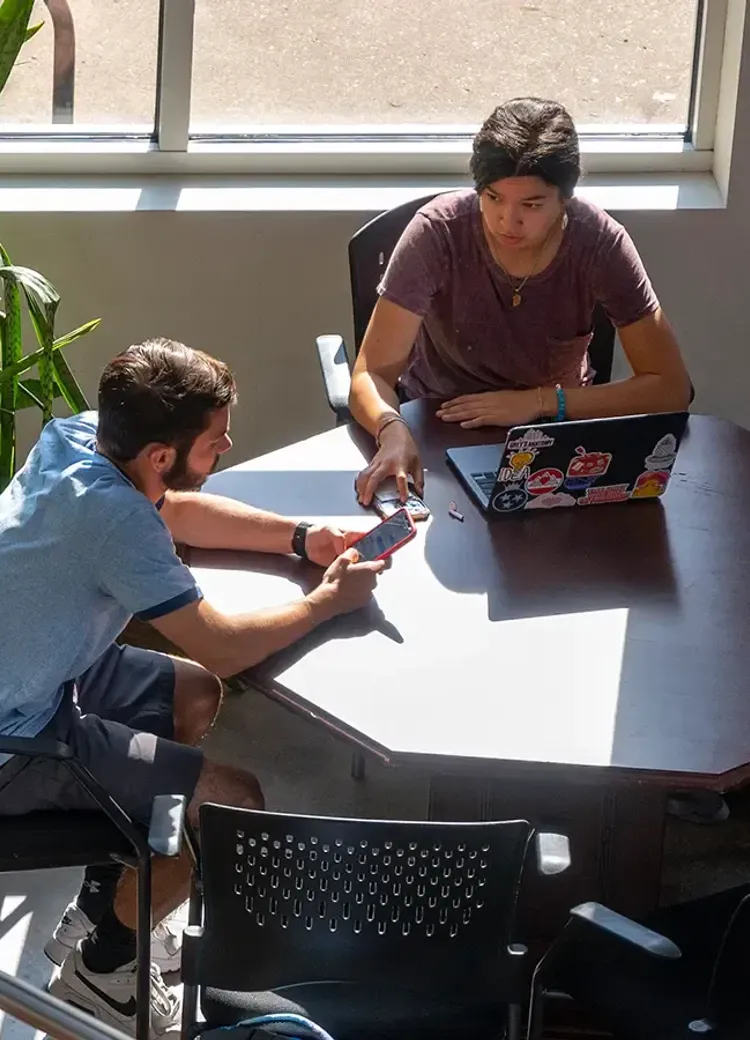 Two college students collaborating at a table with a laptop, seated near a sunlit window.