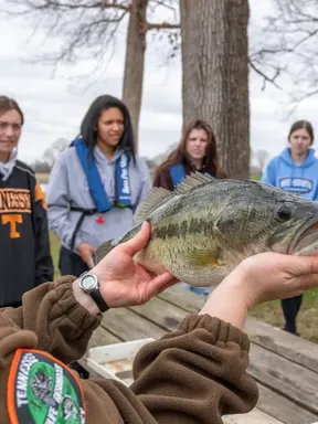 A wildlife instructor holds a bass fish while demonstrating to a group of students outdoors.